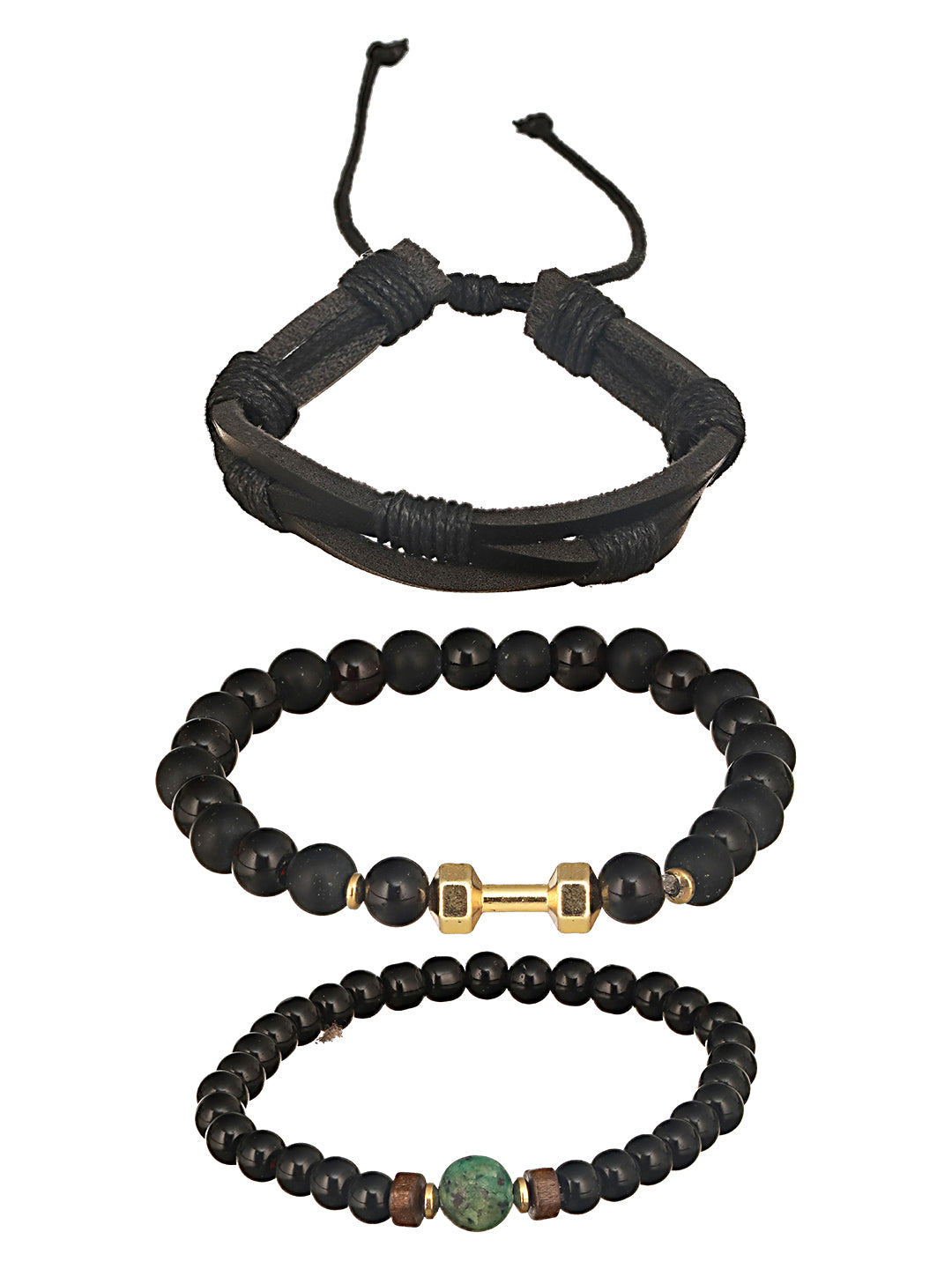 Jazz And Sizzle Men Set of 3 Black Beaded Elasticated & Leather Wraparound Bracelet