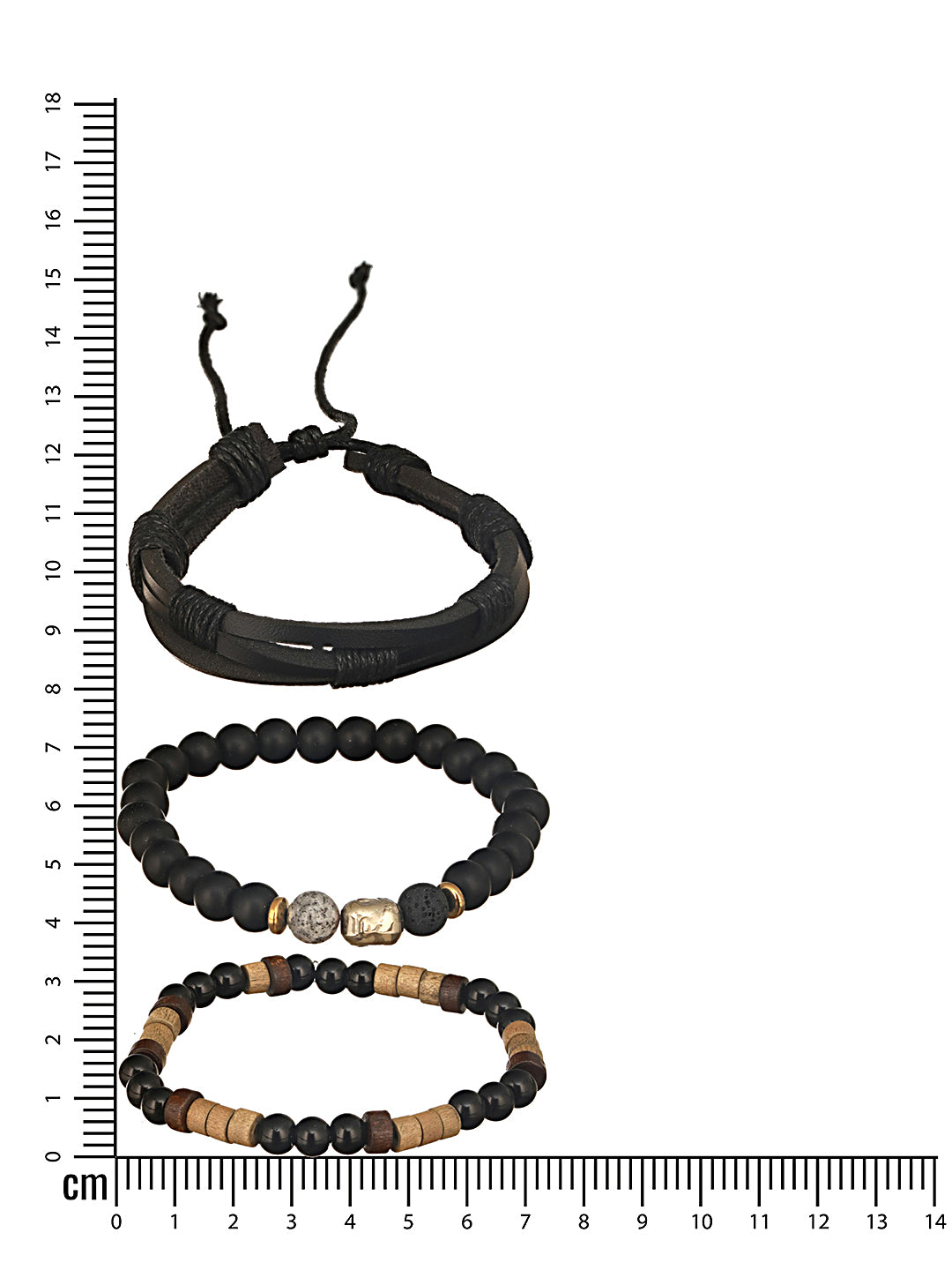 Jazz And Sizzle Men Set of 3 Black Beaded Elasticated & Leather Wraparound Bracelet