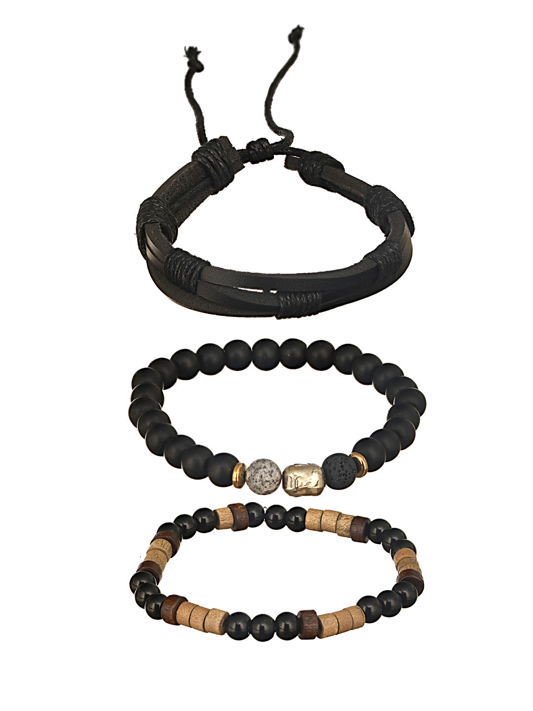 Jazz And Sizzle Men Set of 3 Black Beaded Elasticated & Leather Wraparound Bracelet