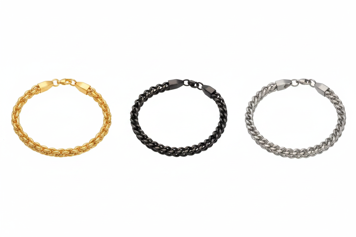 Jazz And Sizzle Set Of 3 Gold, Black & Silver Plated Men’s Premium Stainless Steel Chain Link Bracelet Combo