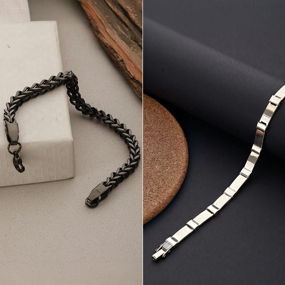 Men Black-Plated Link Bracelet and Link Bracelet Combo Set