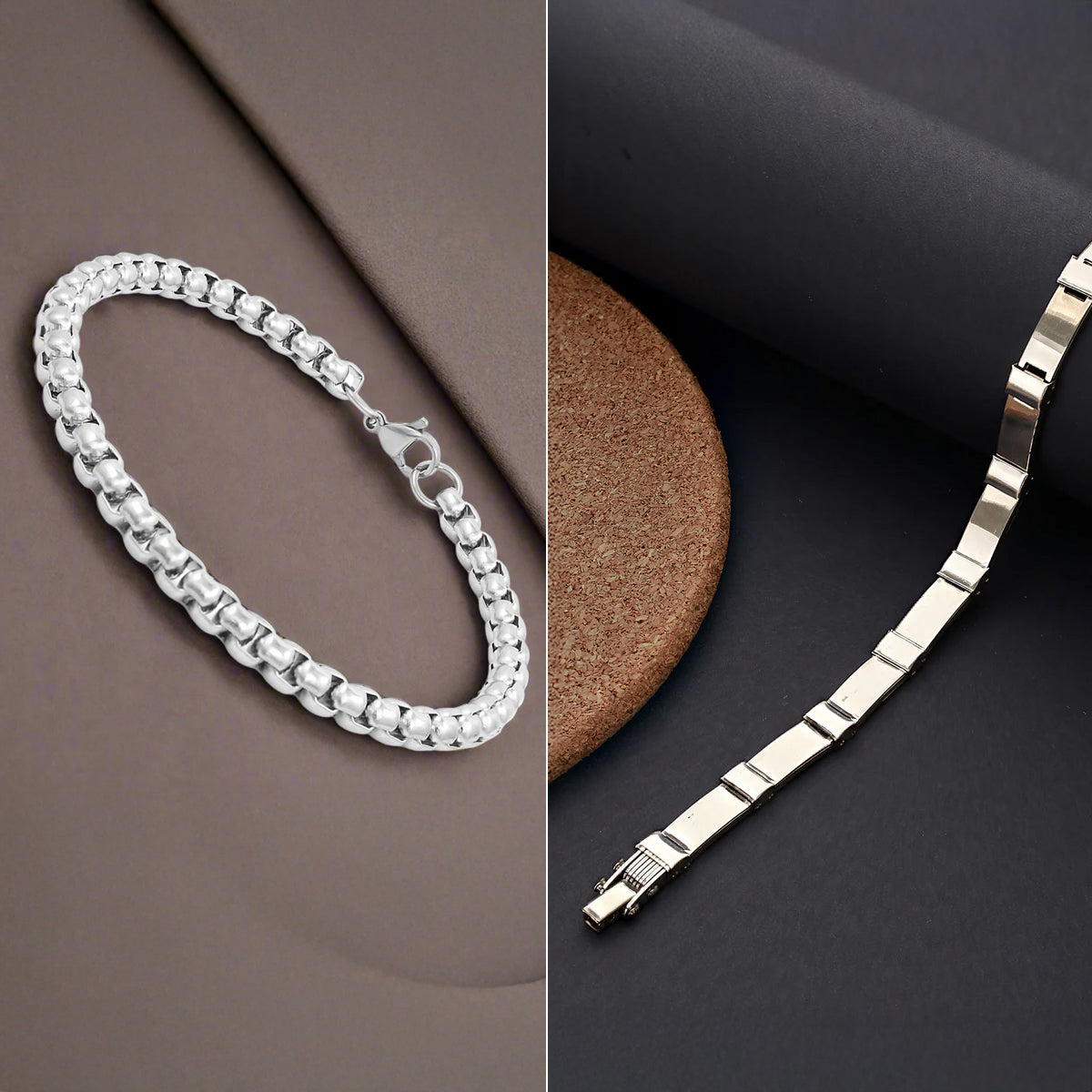 Jazz And Sizzle Set Of 2 Men's Silver Plated Link & Matt Finished Bracelet Combo