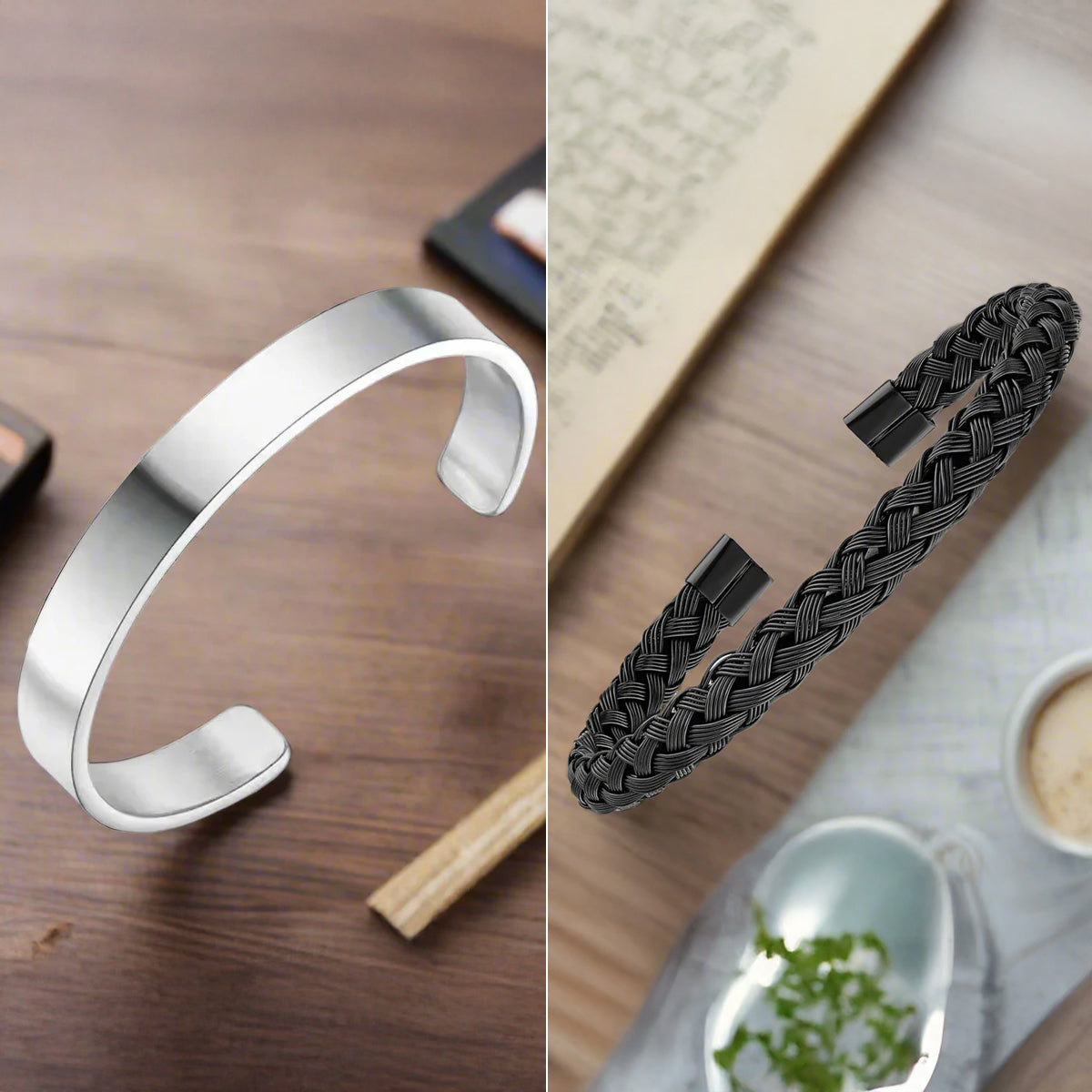 Jazz and Sizzle Set Of 2 Mens Black Plated Textured & Silver Plated Cuff Bracelet Combo