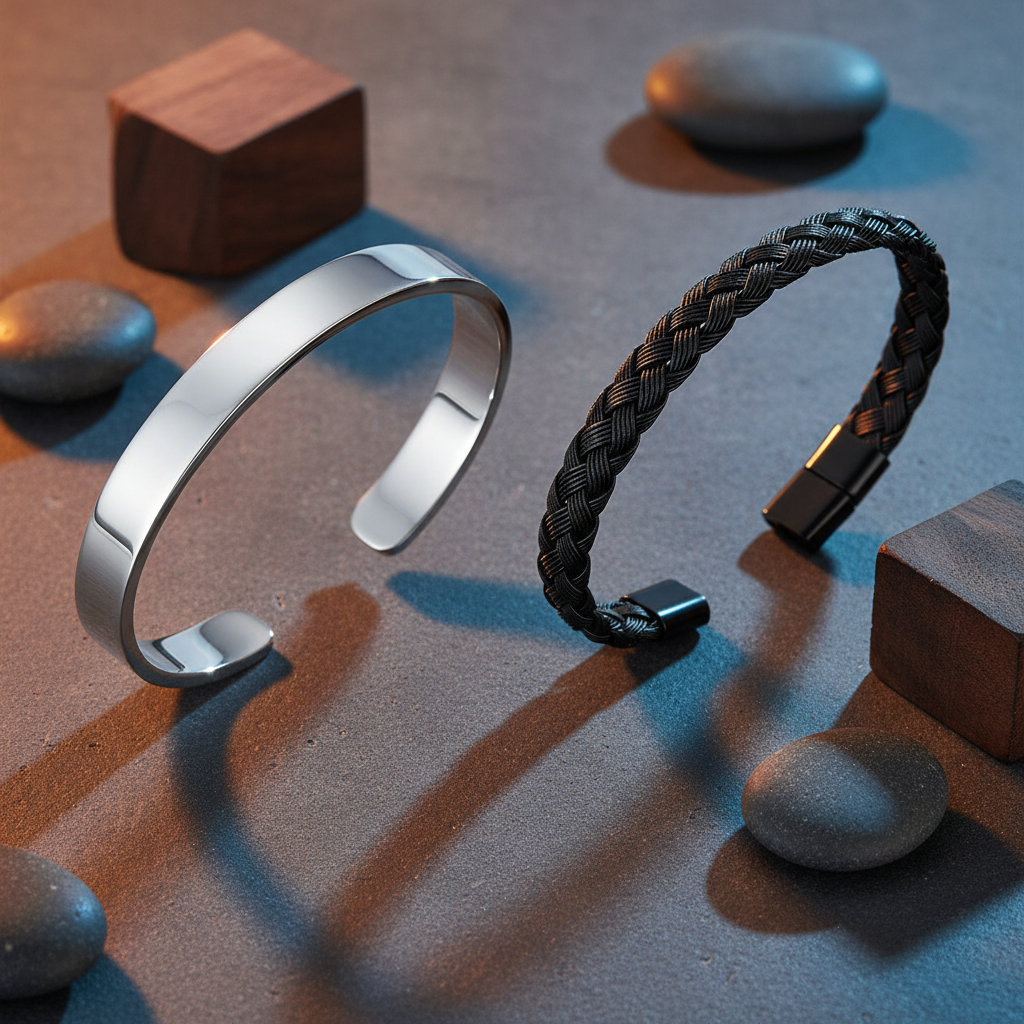 Jazz and Sizzle Set Of 2 Mens Black Plated Textured & Silver Plated Cuff Bracelet Combo