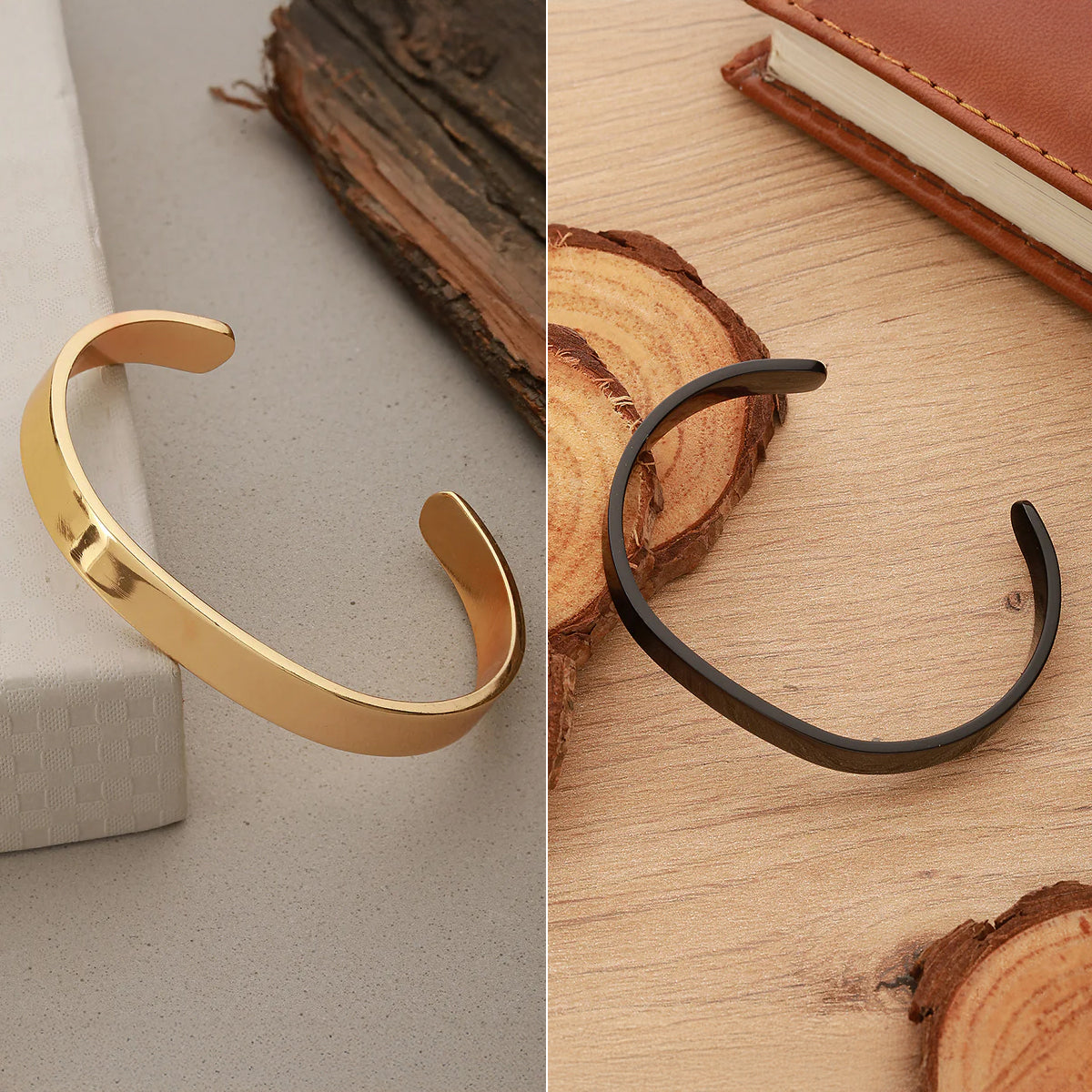 Men Gold-Toned Cuff Bracelet and Black-Toned Stainless Steel Cuff Bracelet Combo