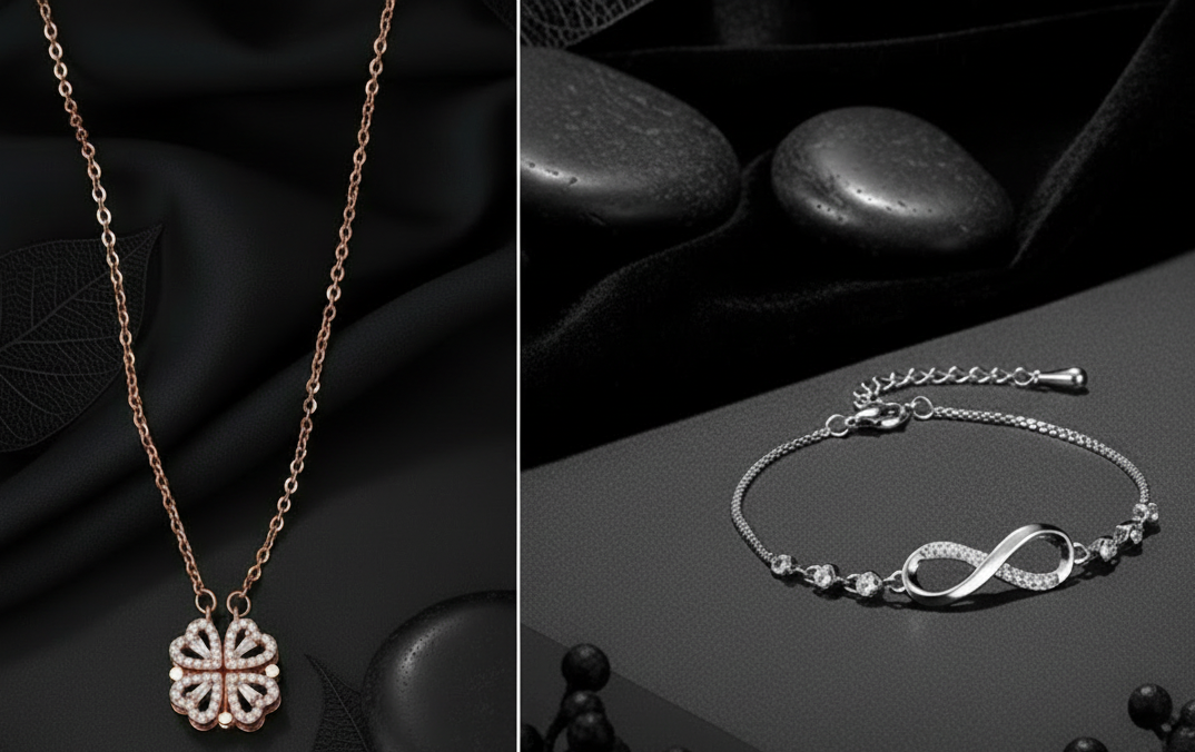 Set of Rose Gold Plated Heart Shaped Pendent Necklace & CZ Studded Infinity Adjustable Bracelet