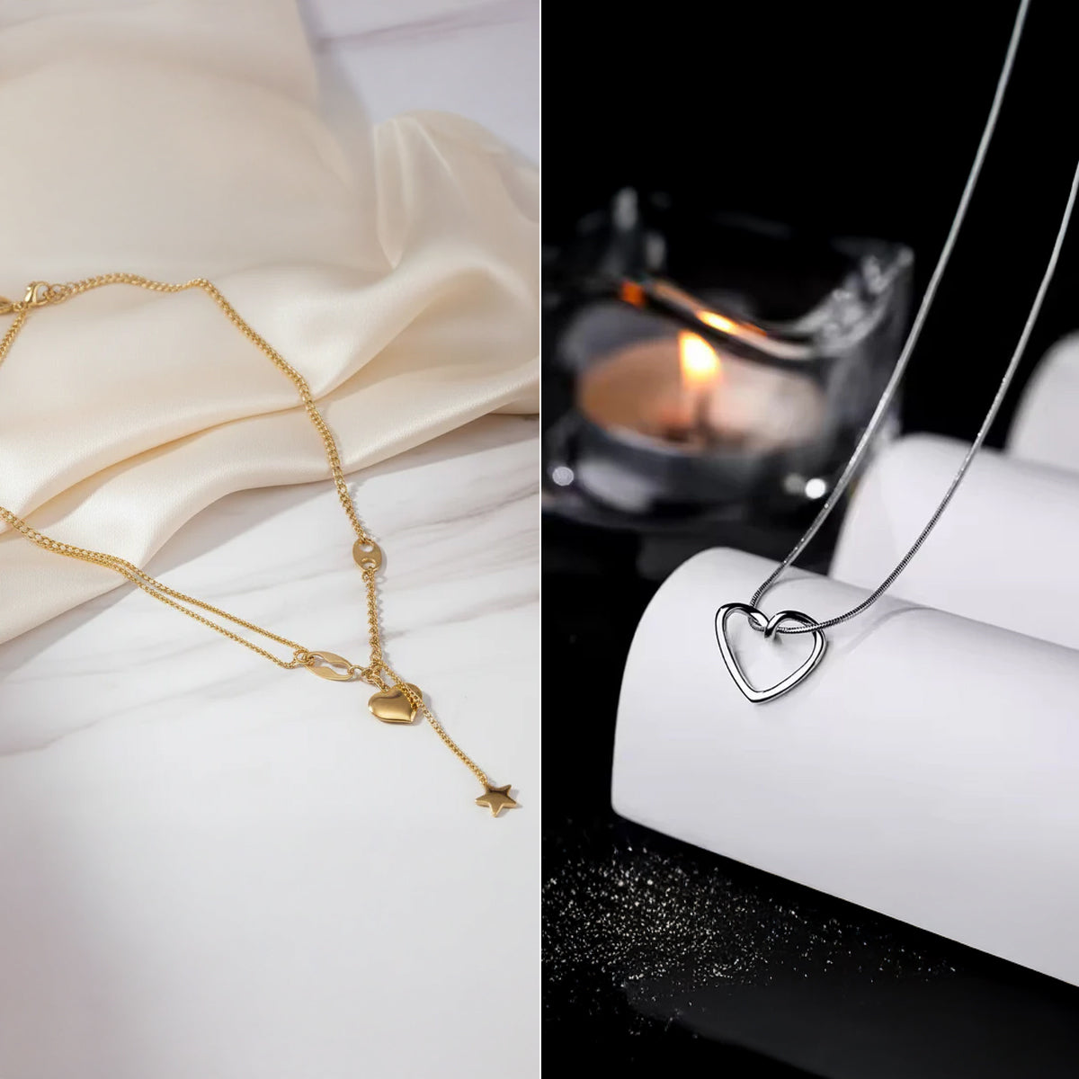 Silver Plated Heart Dainty Necklace and Gold Plated Heart Shaped Pendent Chain Combo for Women