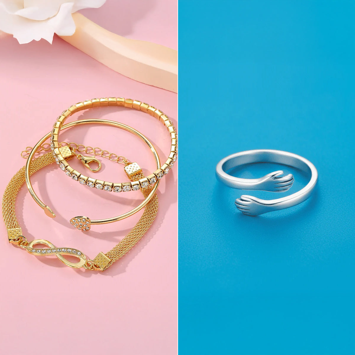 Hug Rings Cuff Wrap Around Hand Love and Gold Plated CZ Studded Infinity & Heart Shaped Stacking Bracelet Combo for Women