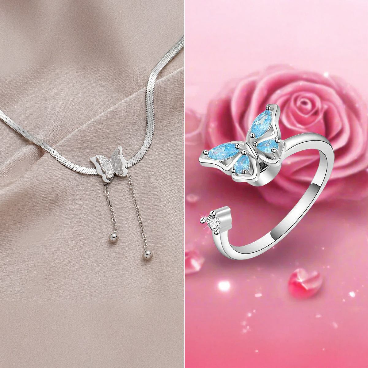 Silver Plated Blue Stone & Butterfly Shaped Ring and Butterfly Chain Necklace for Women Combo