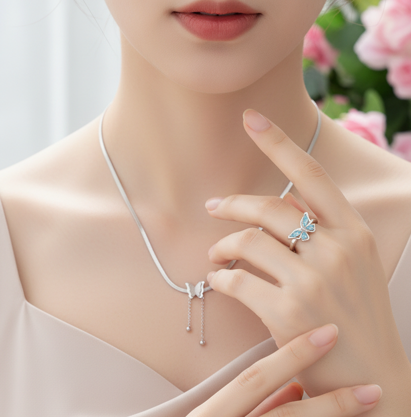 Silver Plated Blue Stone & Butterfly Shaped Ring and Butterfly Chain Necklace for Women Combo