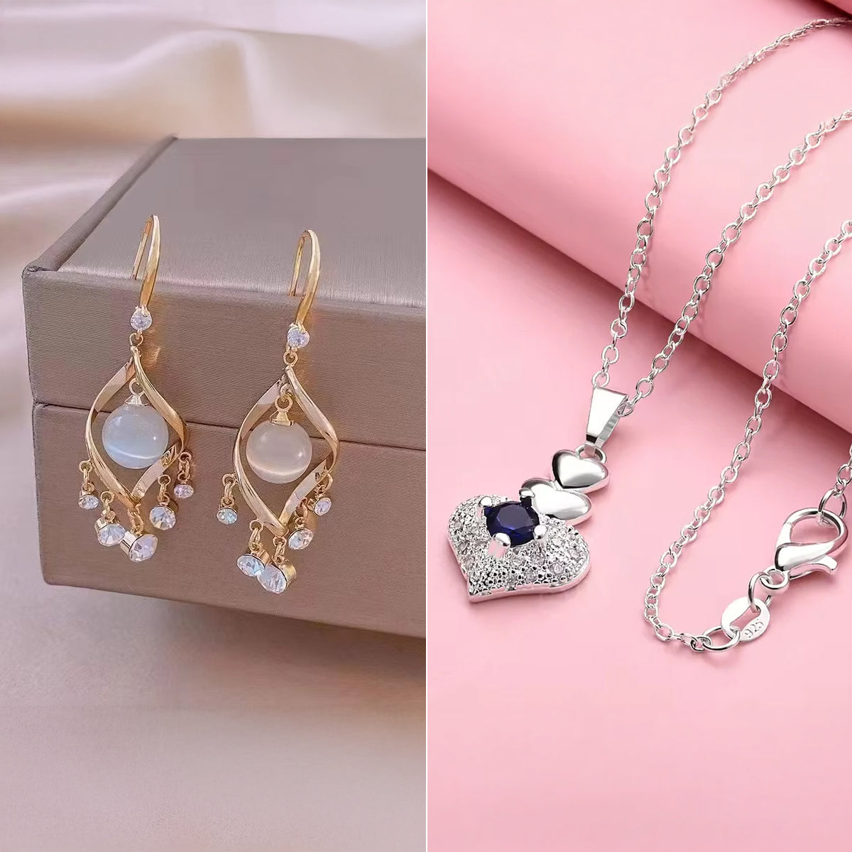 Sterling Romantic Heart Pendant Necklace and Stylish Gold Bow Stud Long Chain Earrings with White Flower Drop For Women