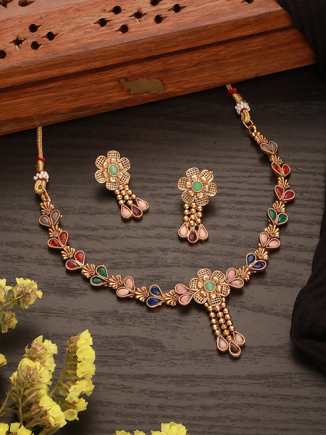 Jazz And Sizzle 22K Gold Plated Golden Beads & Pearl Drops Radha Krishna Temple Jewellery Set (Copy)