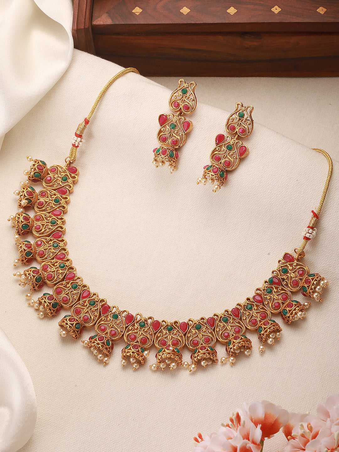 Jazz And Sizzle 22K Gold-Plated Ruby Kundan & Stone Studded Necklace Set with Pearl Beads