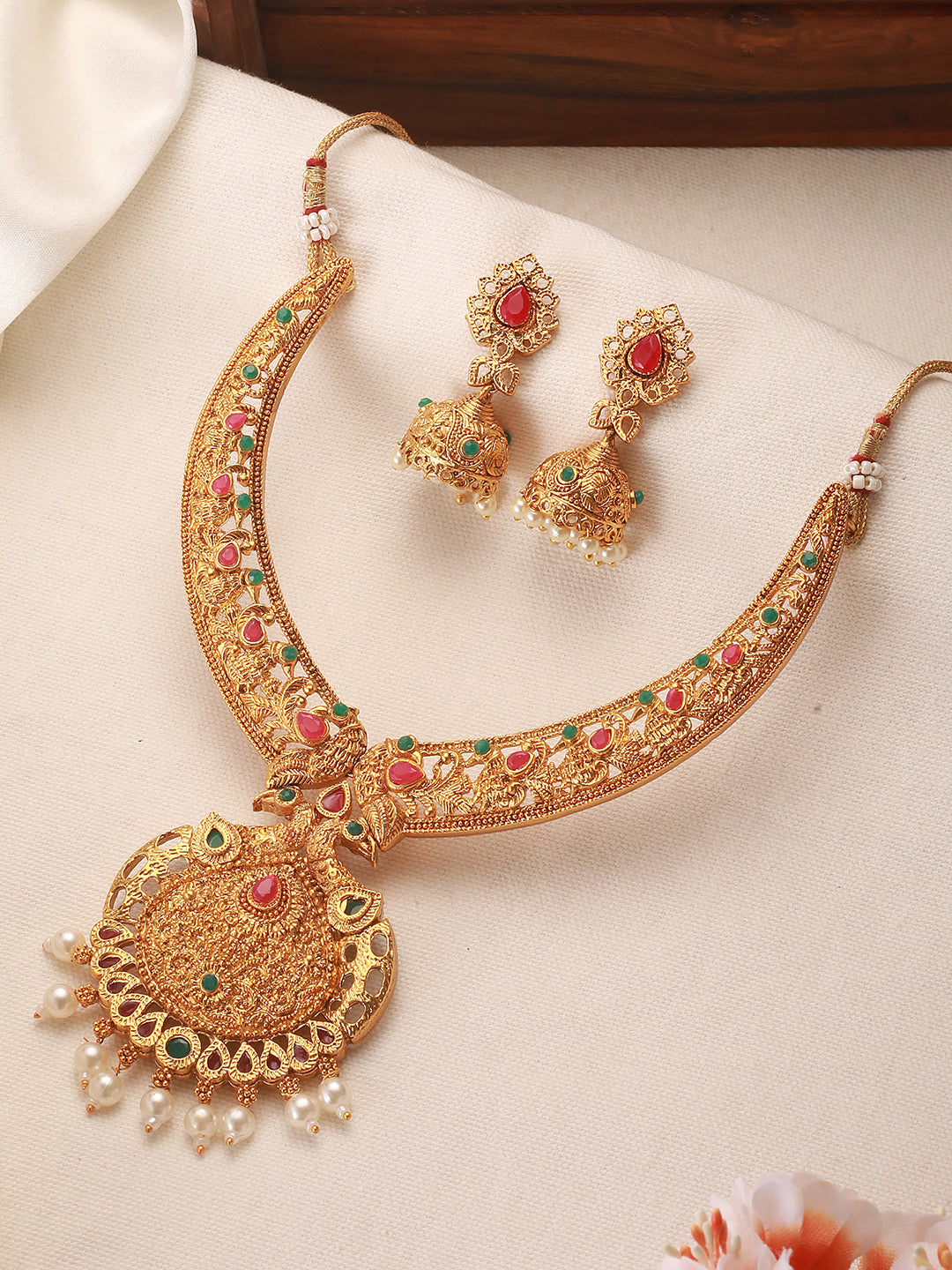 Jazz And Sizzle 22K Gold Plated Peacock Design Necklace Set with Matching Earrings