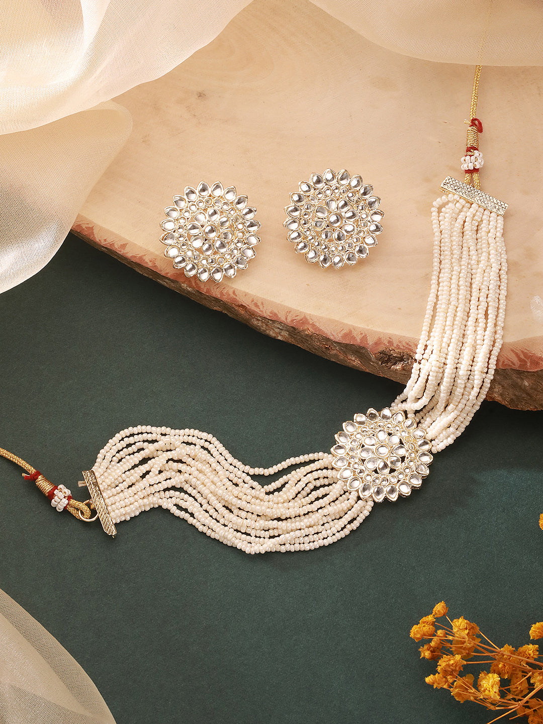 Jazz And Sizzle Gold-Plated Kundan-Studded & Beaded White Floral Necklace & Earrings Set
