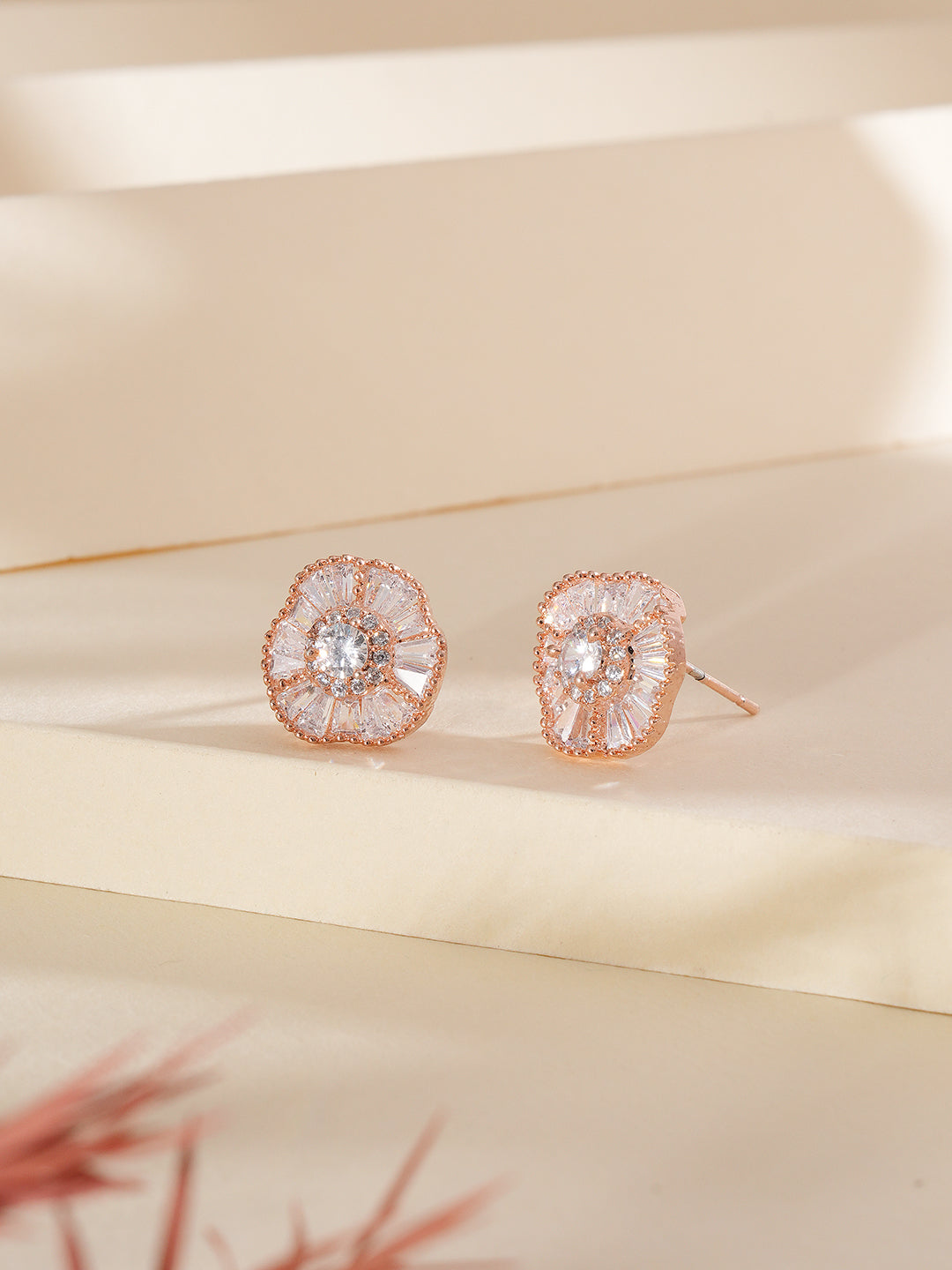 Jazz And Sizzle Rose Gold-Plated American Diamond Studded Floral Stud Earrings