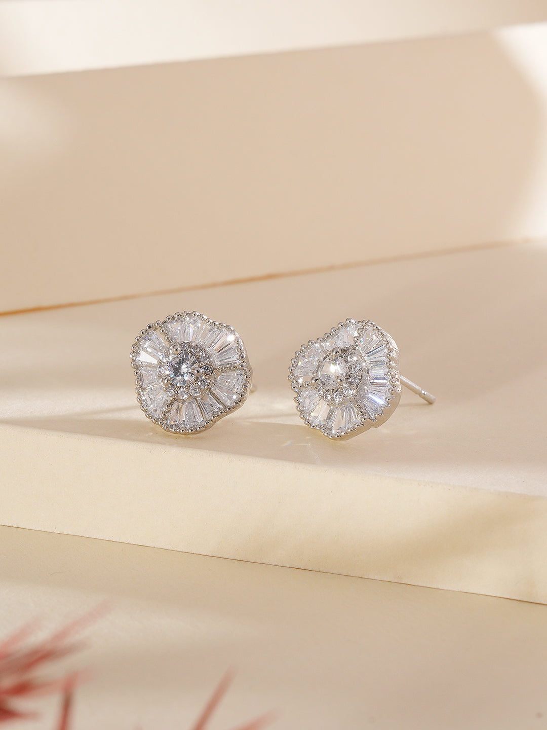 Jazz And Sizzle Silver-Plated American Diamond Studded Floral Stud Earrings