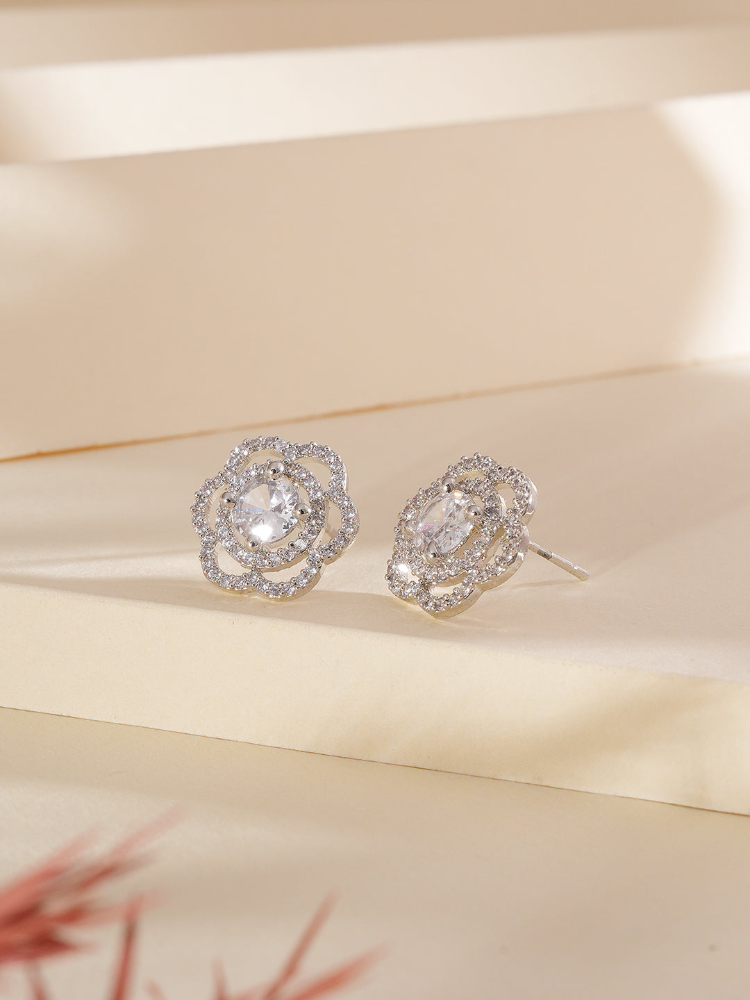 Jazz And Sizzle Silver Rhodium-Plated Floral Studs Earrings