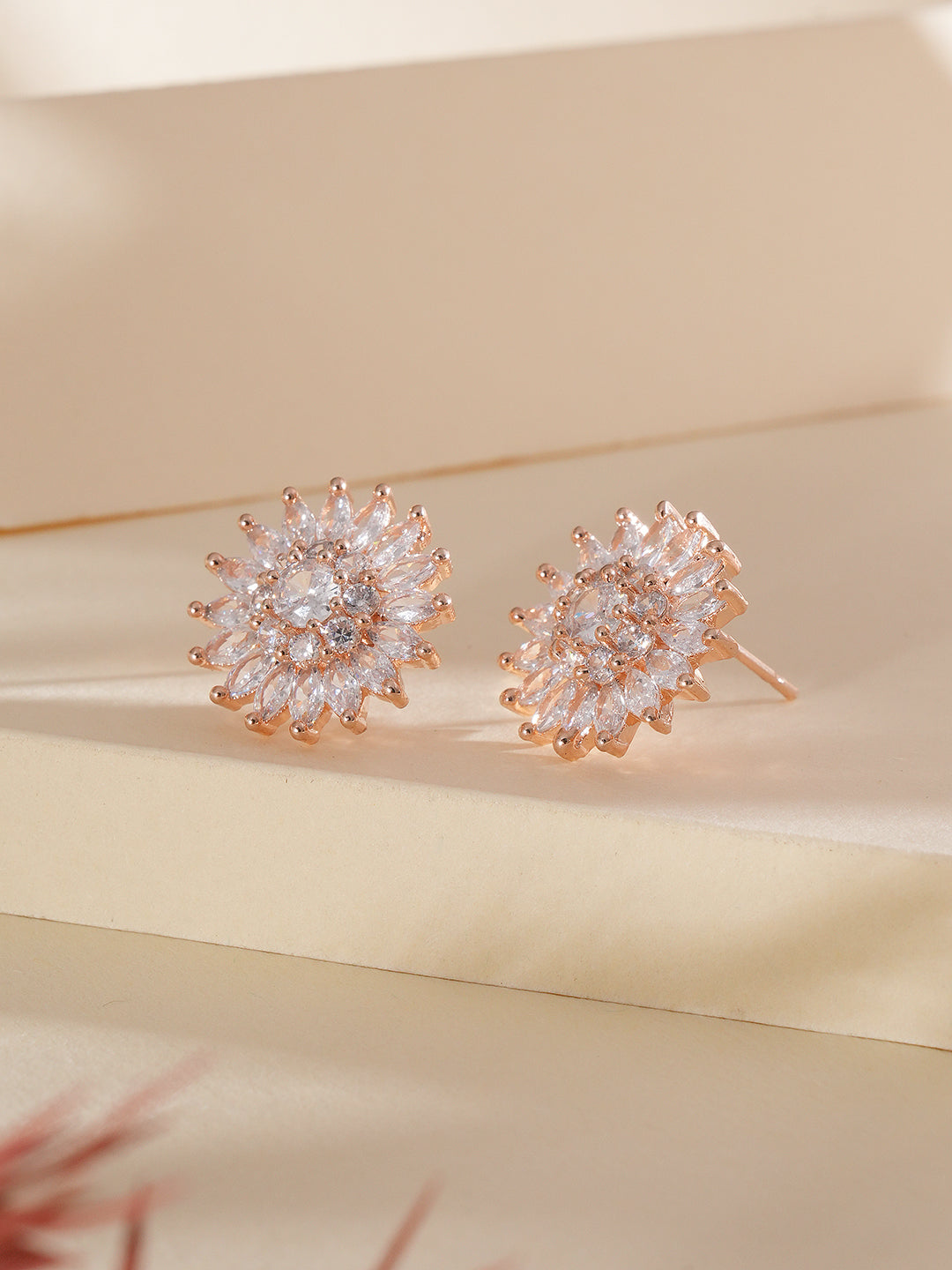 Jazz And Sizzle Rose Gold-Plated CZ-Studded Floral Studs Earrings