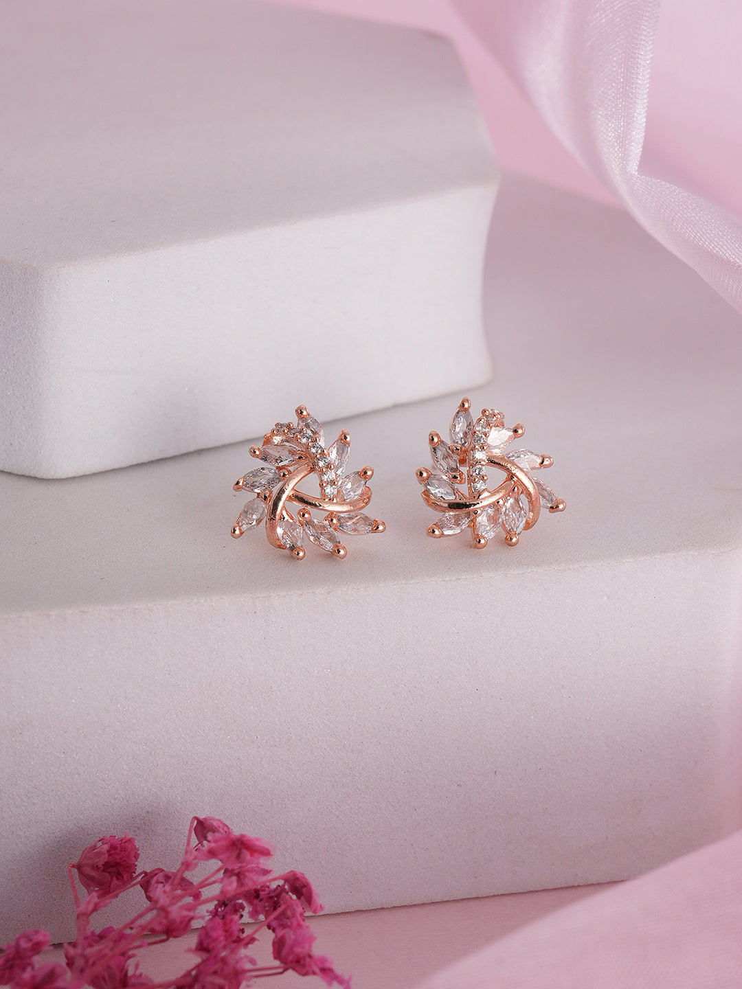 Jazz And Sizzle Rose Gold-Plated CZ Studded Triangular Floral Studs Earrings