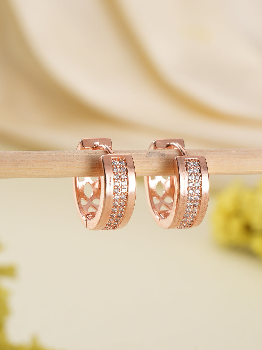 Jazz And Sizzle Rose Gold Plated American Diamond Studded Hoop Earrings