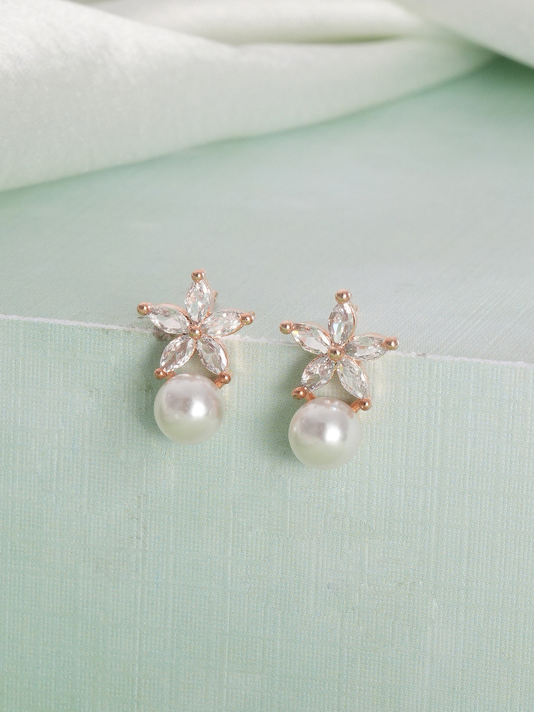 Jazz And Sizzle Rose Gold-Plated Floral Shaped Pearl Studded Drop Earrings