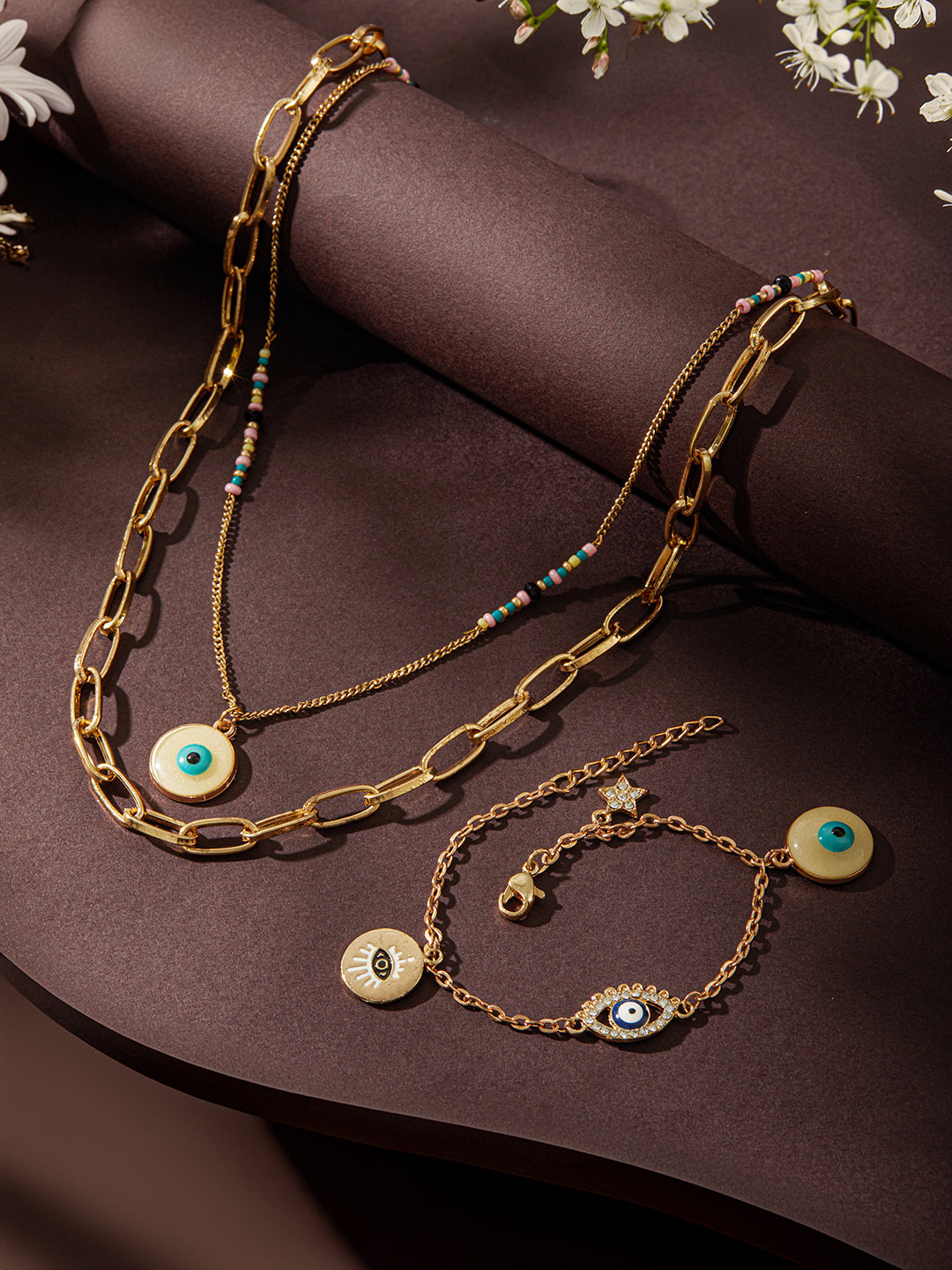 Jazz and Sizzle Gold-Plated Beads Studded Evil Eye Necklace With Bracelet Jewellery Set