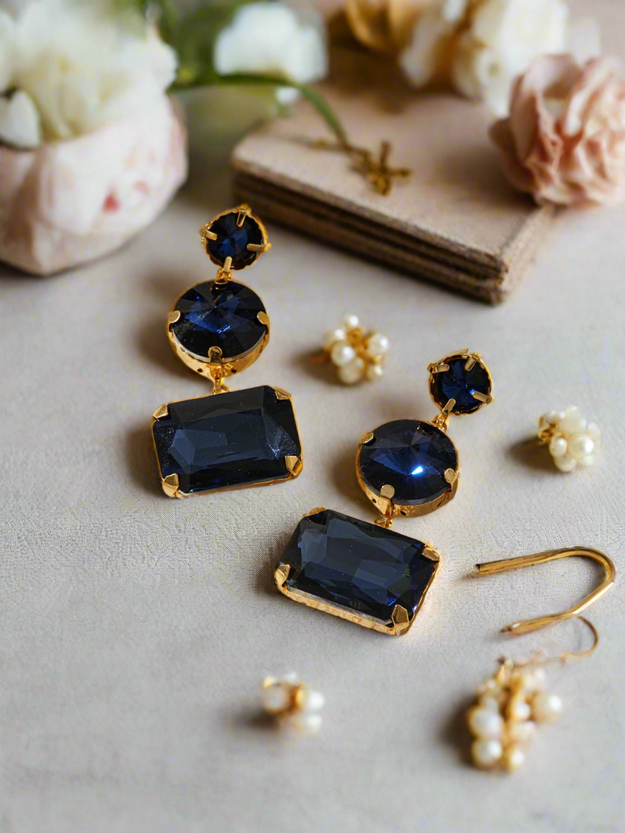 Jazz And Sizzle Gold Plated Contemporary Blue Stone Studded Drop Earrings