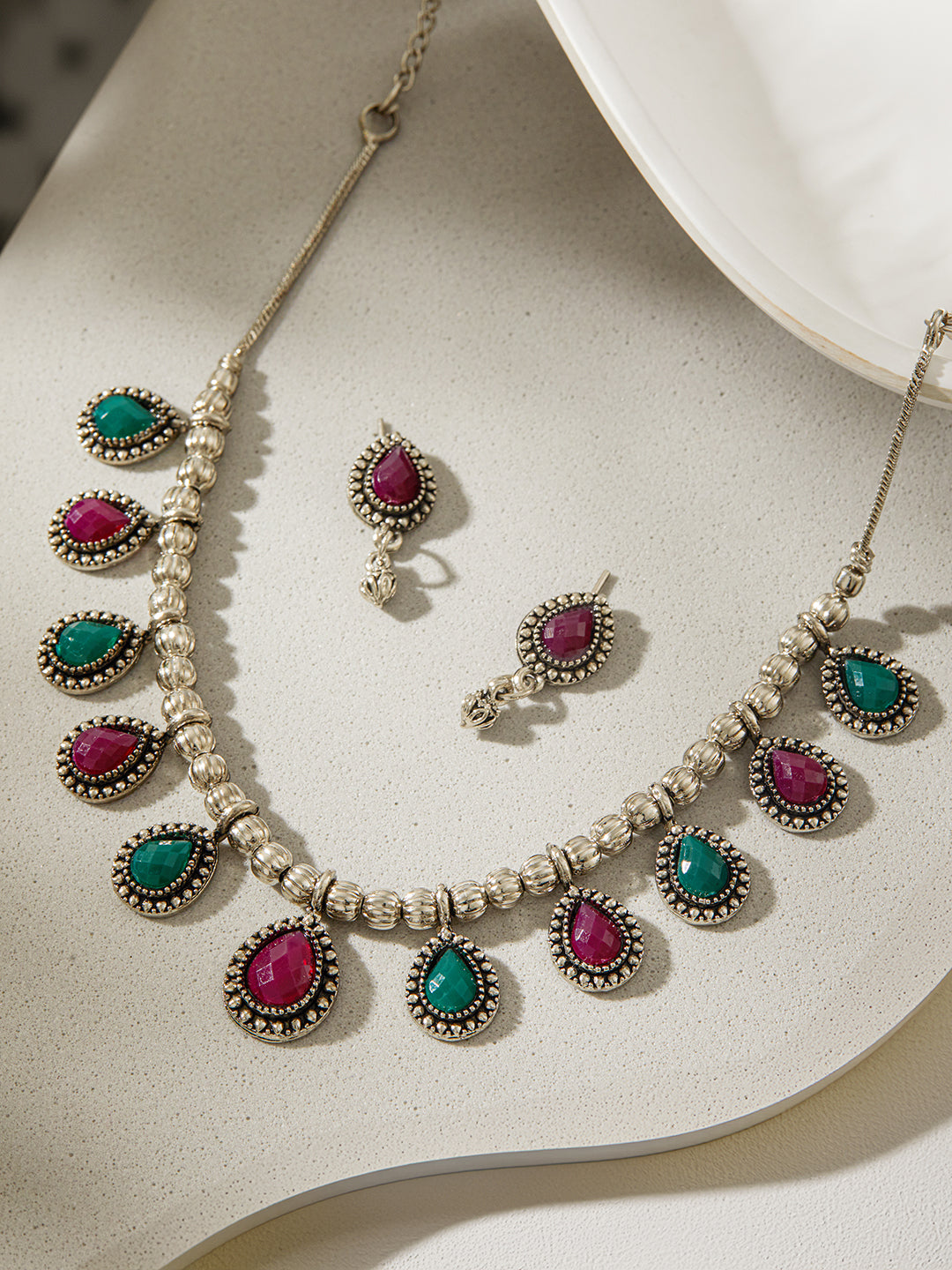 Jazz and Sizzle Oxidized Silver-Plated Green & Red Artificial Stone-Studded Handcrafted Jewellery Set