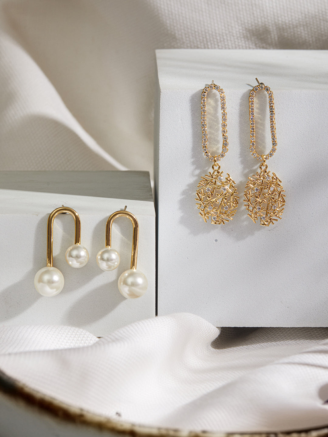 Set Of 2 Gold-Plated & Pearl Beaded Contemporary Drop Earrings