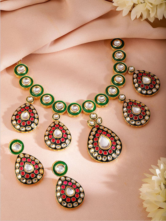 24K Gold-Plated Green & Black Enamel Border Ruby Pink & White Kundan Necklace Set