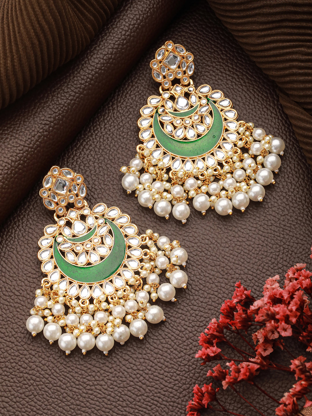 Green & Gold-Plated Pearls Beaded Classic Ear Earrings