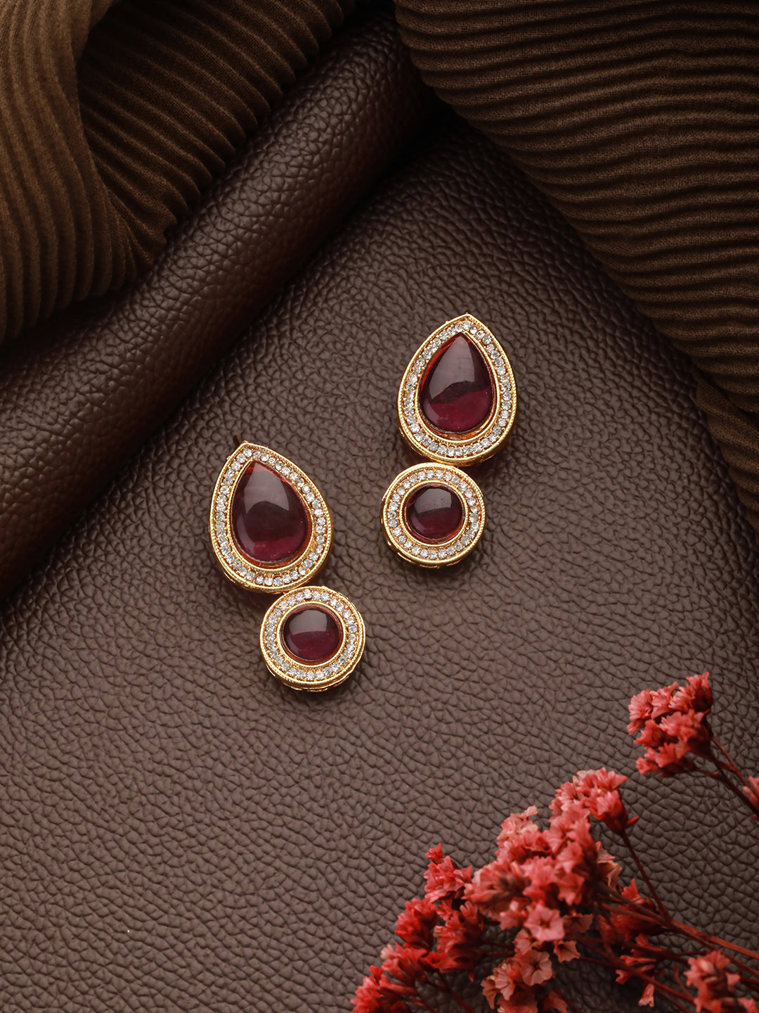 Red & Gold-Plated Pearls Beaded Classic Ear Earrings