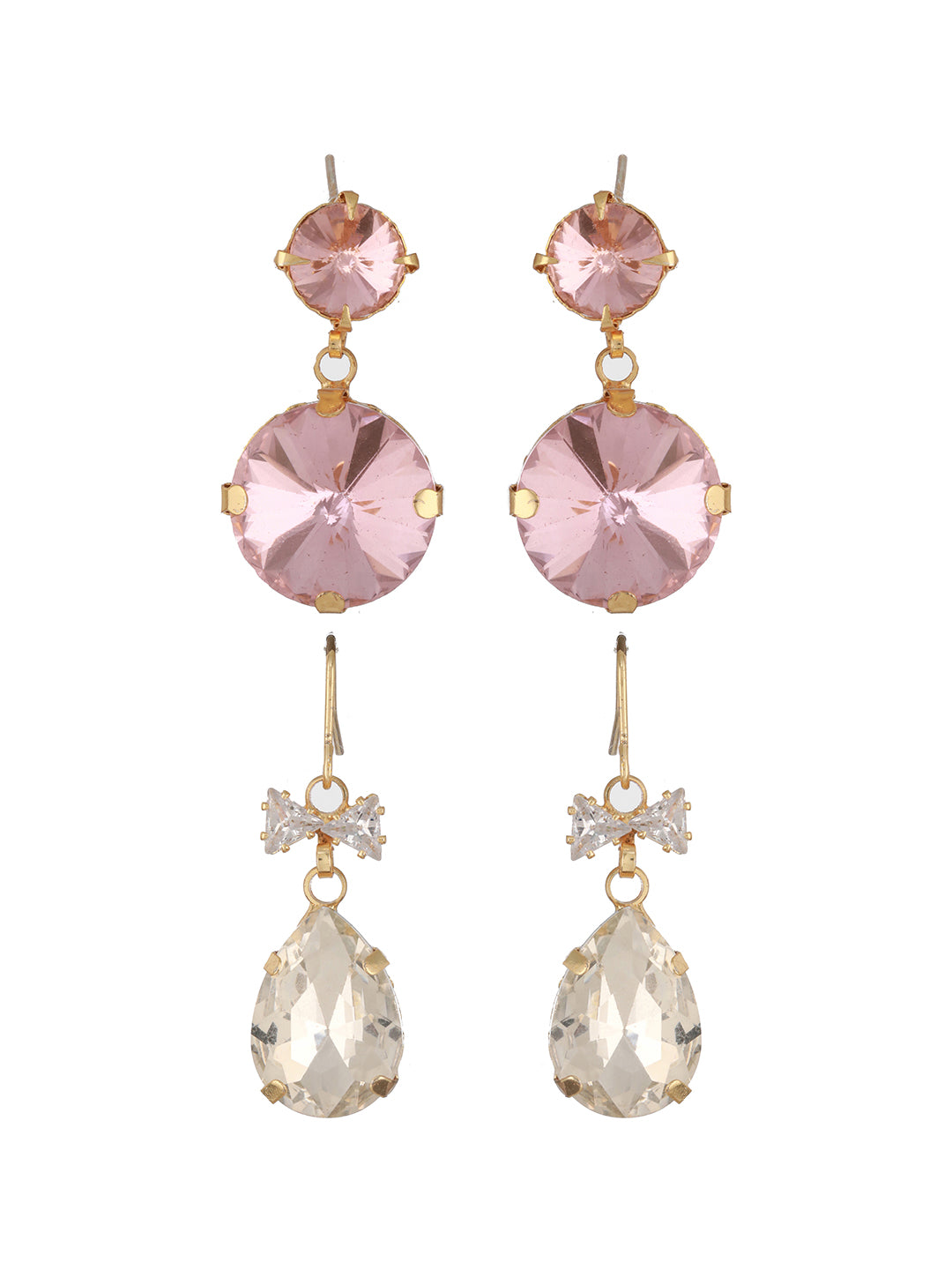 Jazz And Sizzle Set Of 2 Gold Plated Pink & Off White Stone Studded Tear Drop Earrings