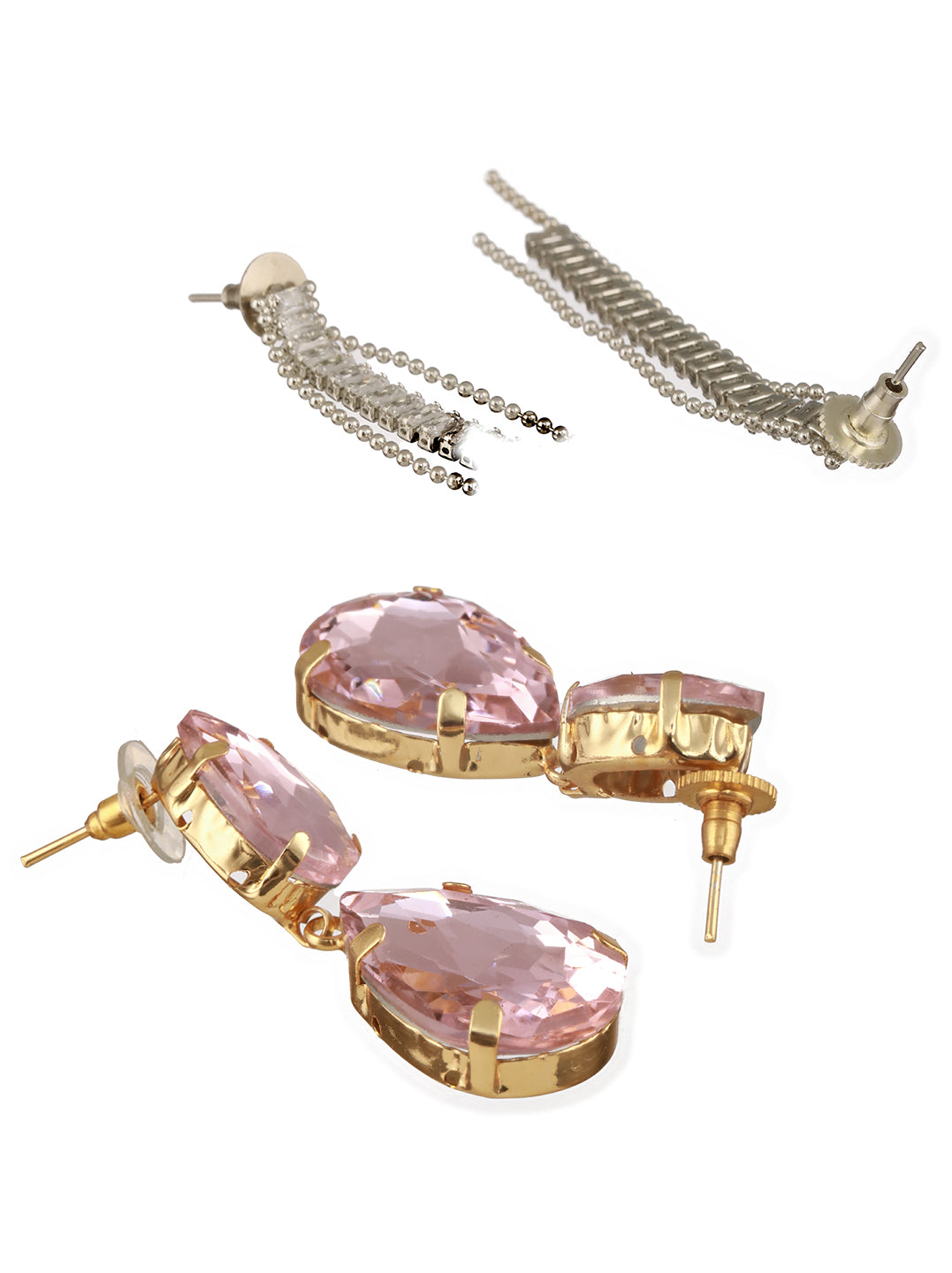 Jazz And Sizzle Set Of 2 Gold Plated Pink Stone Studded & Silver Dangler Style Drop Earrings