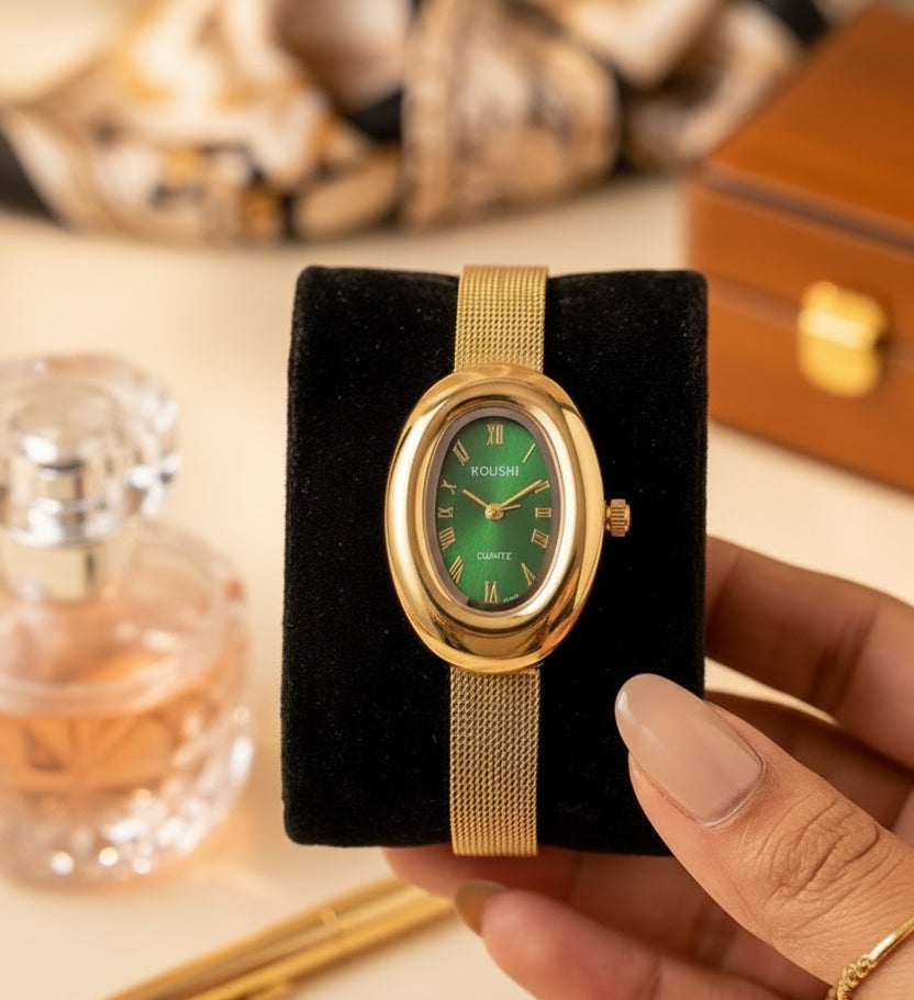 Jazz And Sizzle Vintage Emerald Green Oval Dial Anti-Tarnish Gold Plated Watch|Quartz Movement, Waterproof, Luxury Metal Bezel