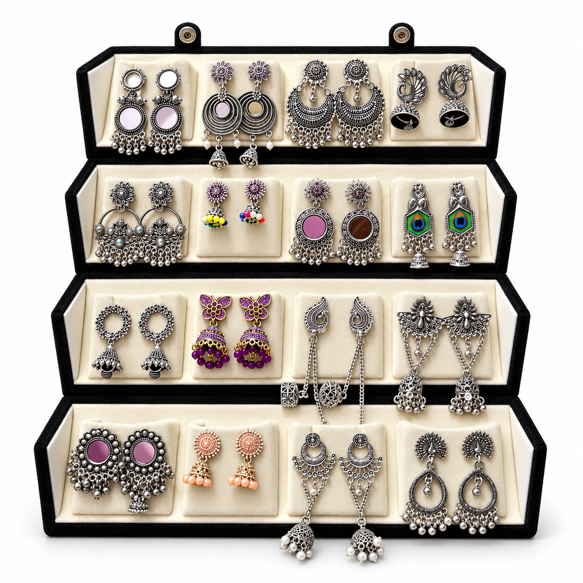 16 Pairs Oxidised Silver-Toned Assorted Earrings Combo with Foldable Jewellery Organizer |-WJ-JS26-ER0252