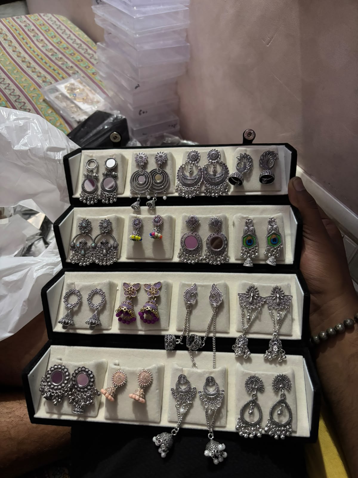 16 Pairs Oxidised Silver-Toned Assorted Earrings Combo with Foldable Jewellery Organizer |-WJ-JS26-ER0252