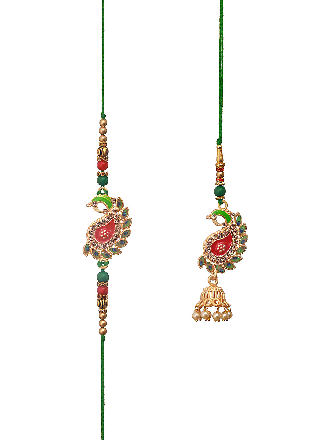 Set Of 2 Peacock Shaped Meena Work Bhaiya Bhabhi Rakhi With Roli & Chawal