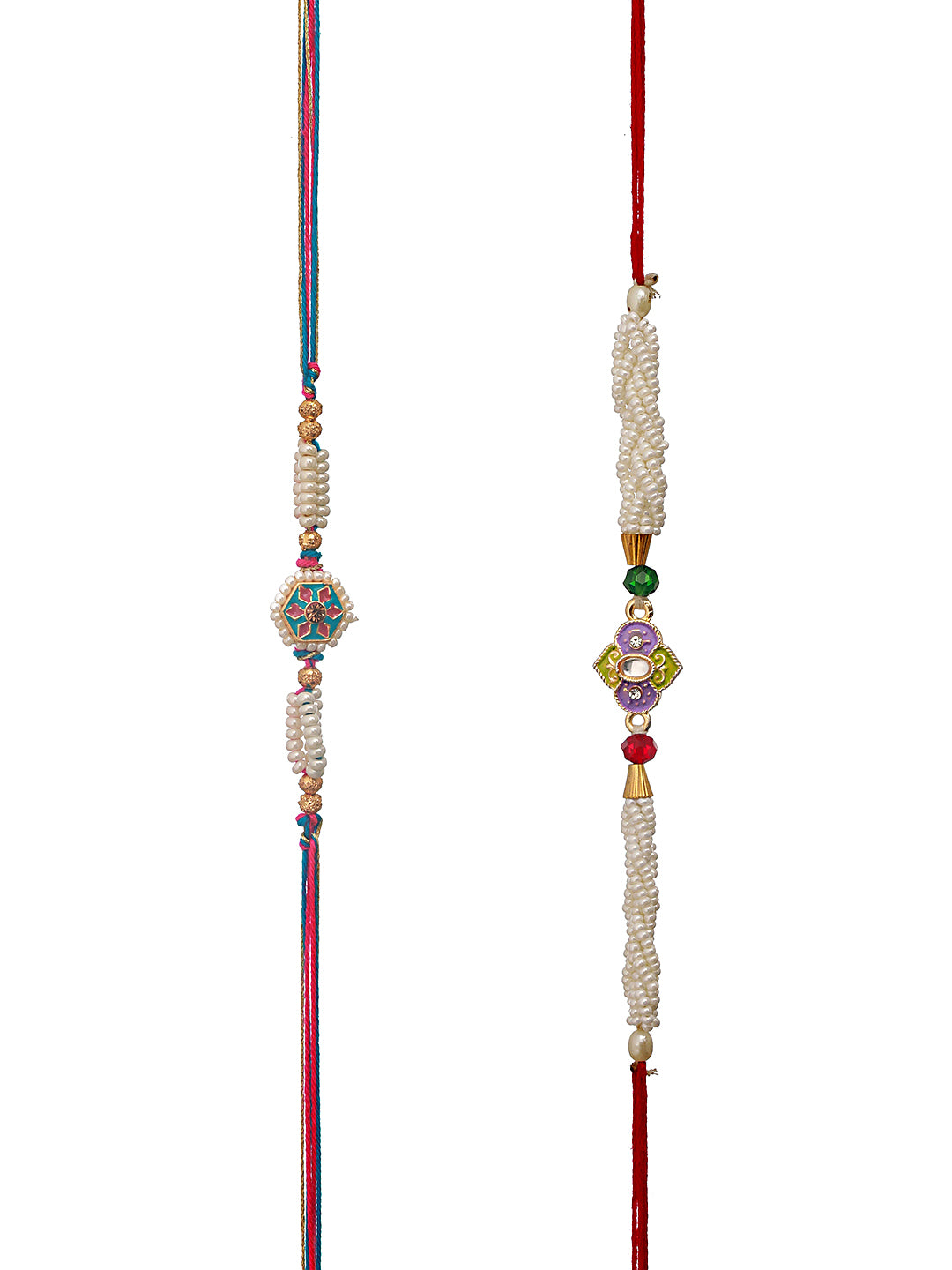 Jazz And Sizzle Set Of 2 Pearl Beaded & Minakari Work Thread Rakhi With Roli & Chawal