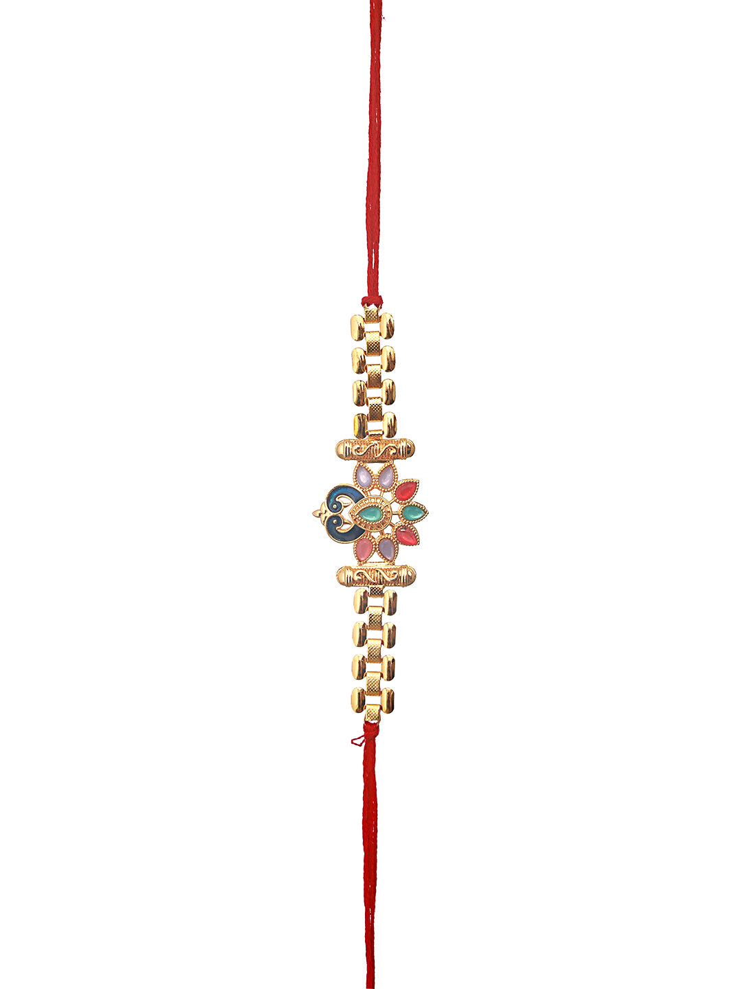 Set Of 2 Classic Kundan & Enameled Peacock Chain Thread Rakhi With Roli Chawal