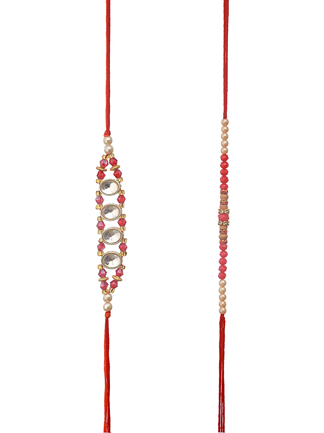 Jazz And Sizzle Set Of 2 Kundan Maroon Pearl Beaded Thread Rakhi With Roli Chawal