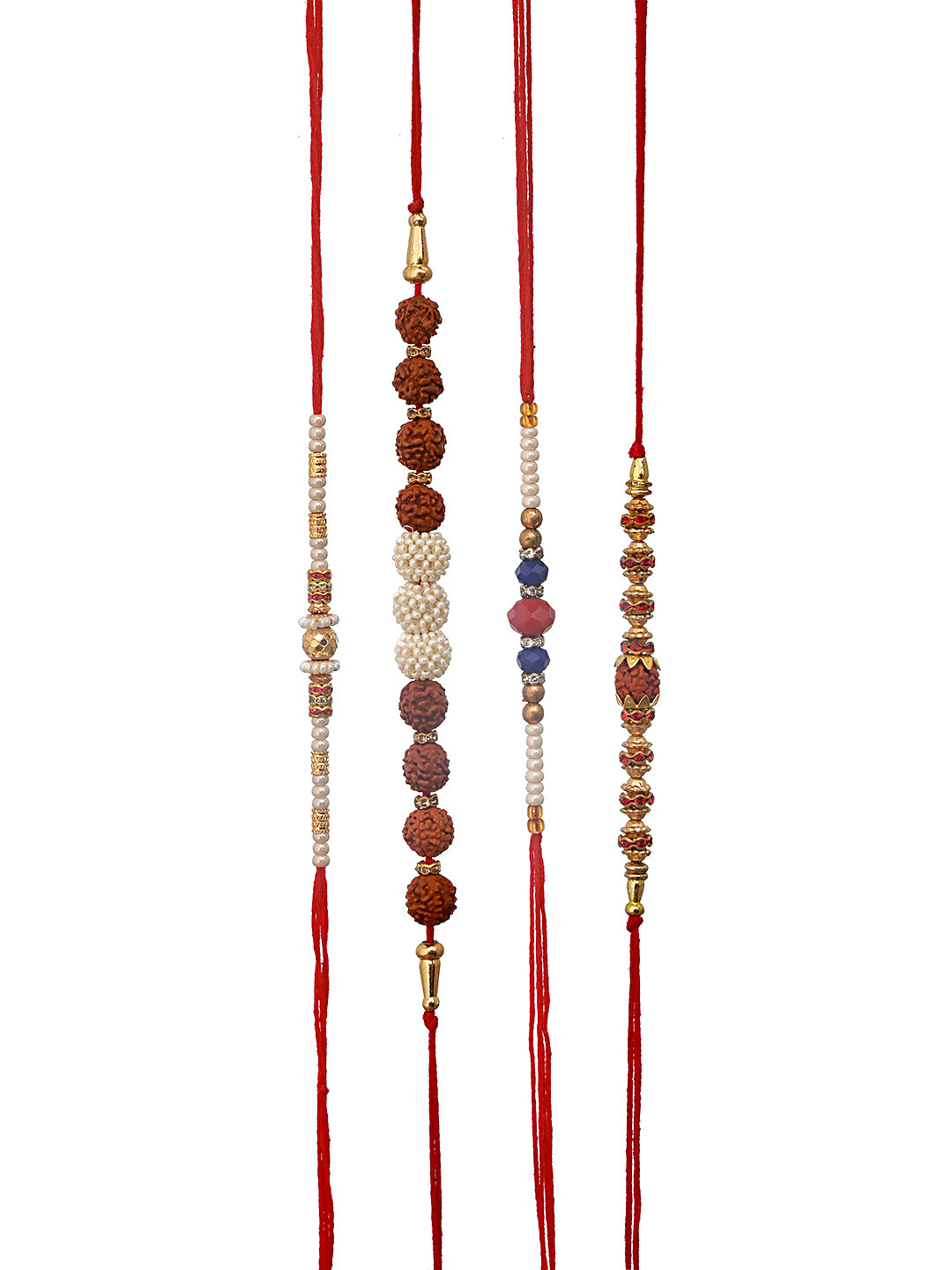 Set Of 4 Men Brown & Blue Rudraksh Beaded Spiritual Rakhi With Roli & Chawal