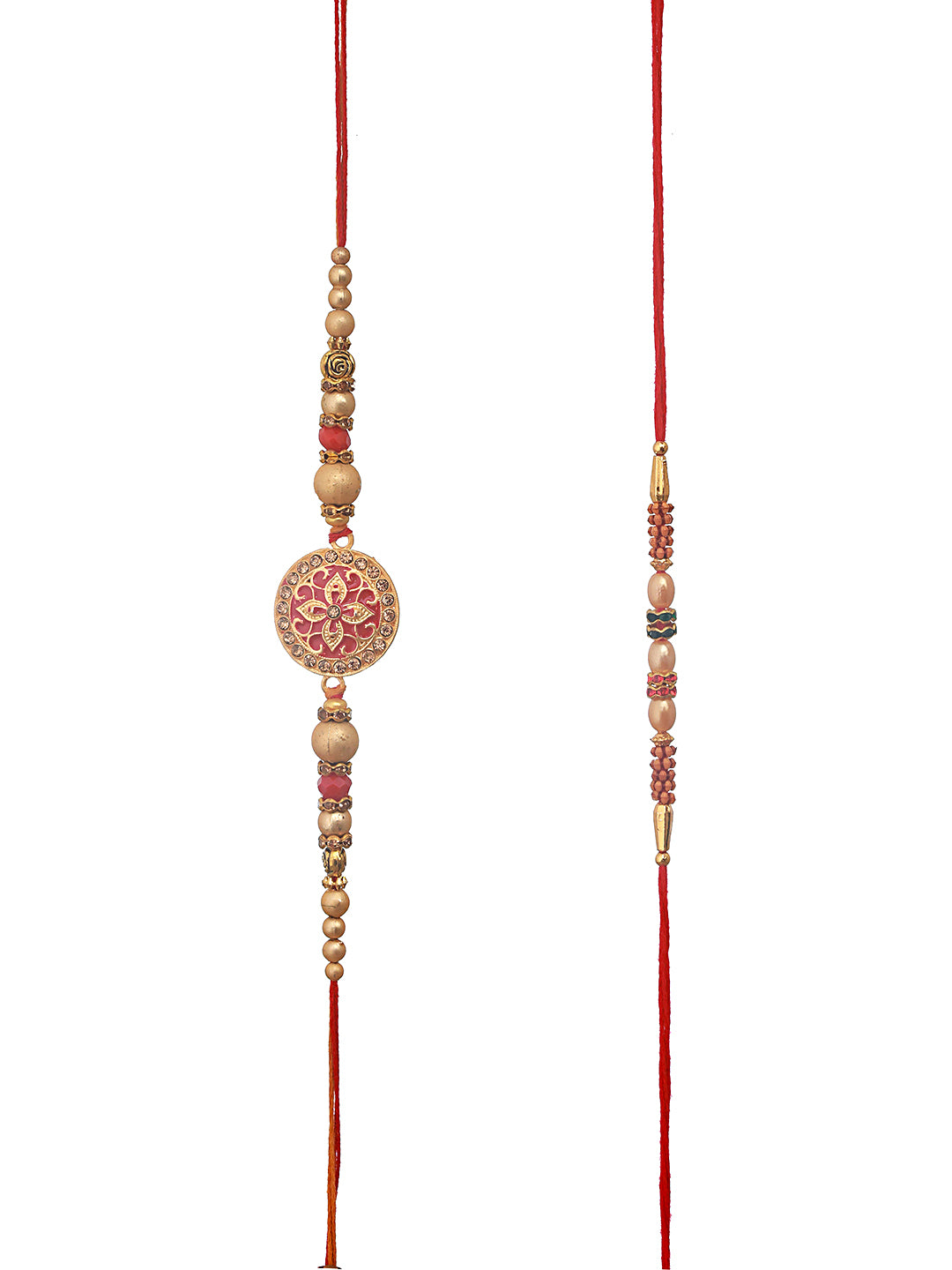 Jazz And sizzle Set Of 2 Enameled & Pearl Beaded Thread Rakhi With Roli Chawal & Rakhi Card