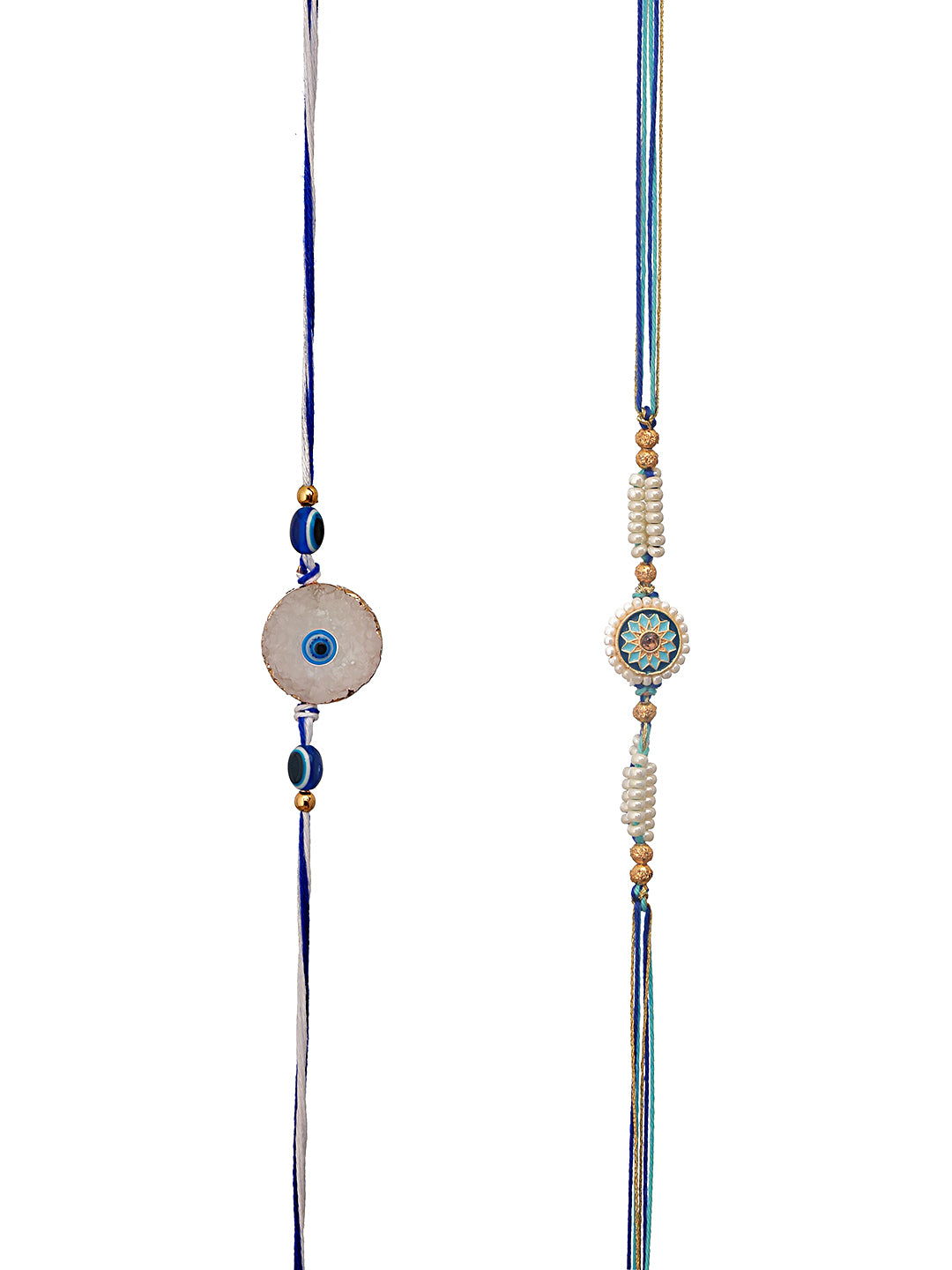 Set Of 2 Semi-Precious Stone Evil Eye & Pearl Beaded Charm Rakhi With Roli & Chawal