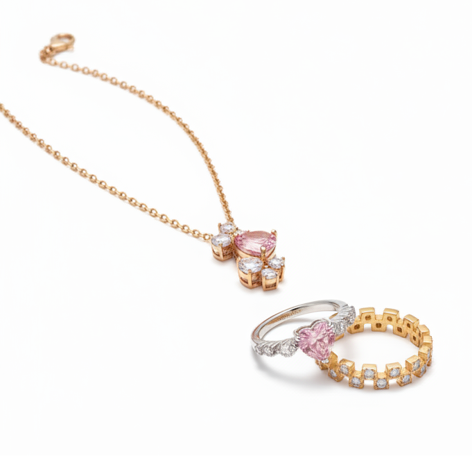 Jazz And Sizzle Gold Plated Chain with Pink Stone Rosé Luxe Zircon Pendant and Ring Set