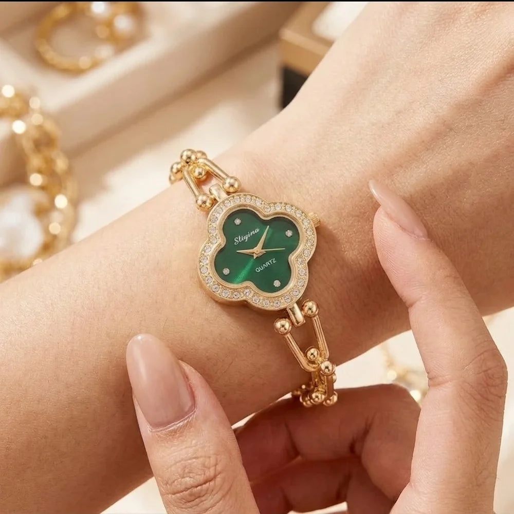 Emerald Green Clover Dial Watch | Anti-Tarnish Gold Plated Bracelet Watch for Women