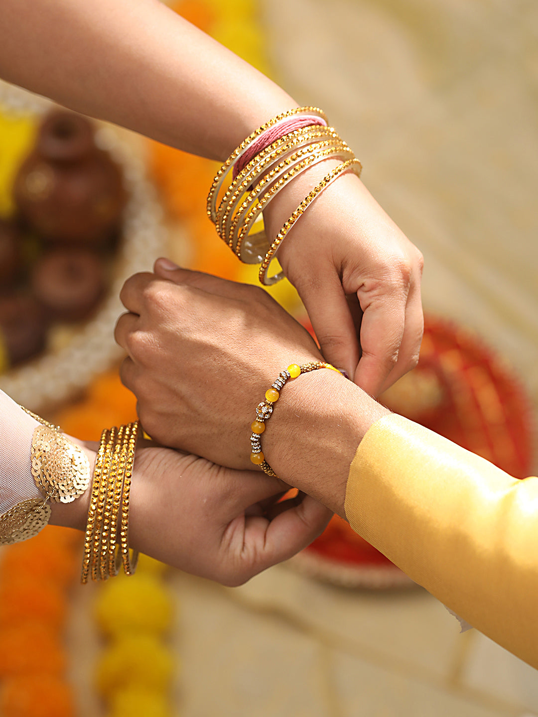 Set Of 3 Yellow & White Faux Pearls Embellished Thread Rakhi With Roli & Chawal