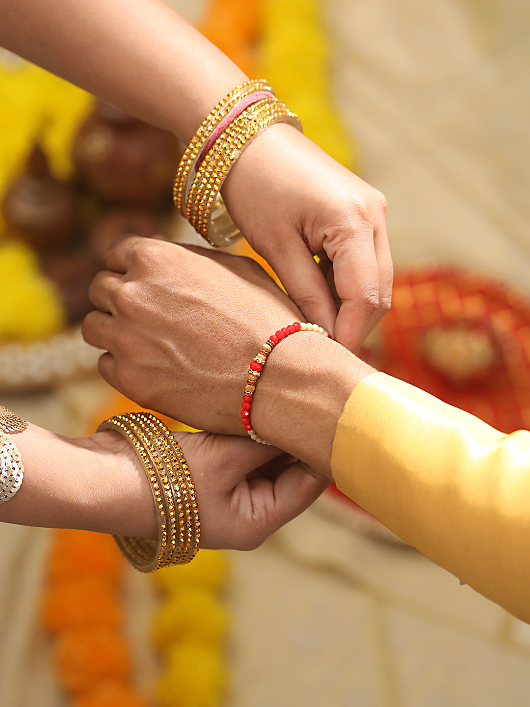 Jazz And Sizzle Set Of 2 Kundan Maroon Pearl Beaded Thread Rakhi With Roli Chawal