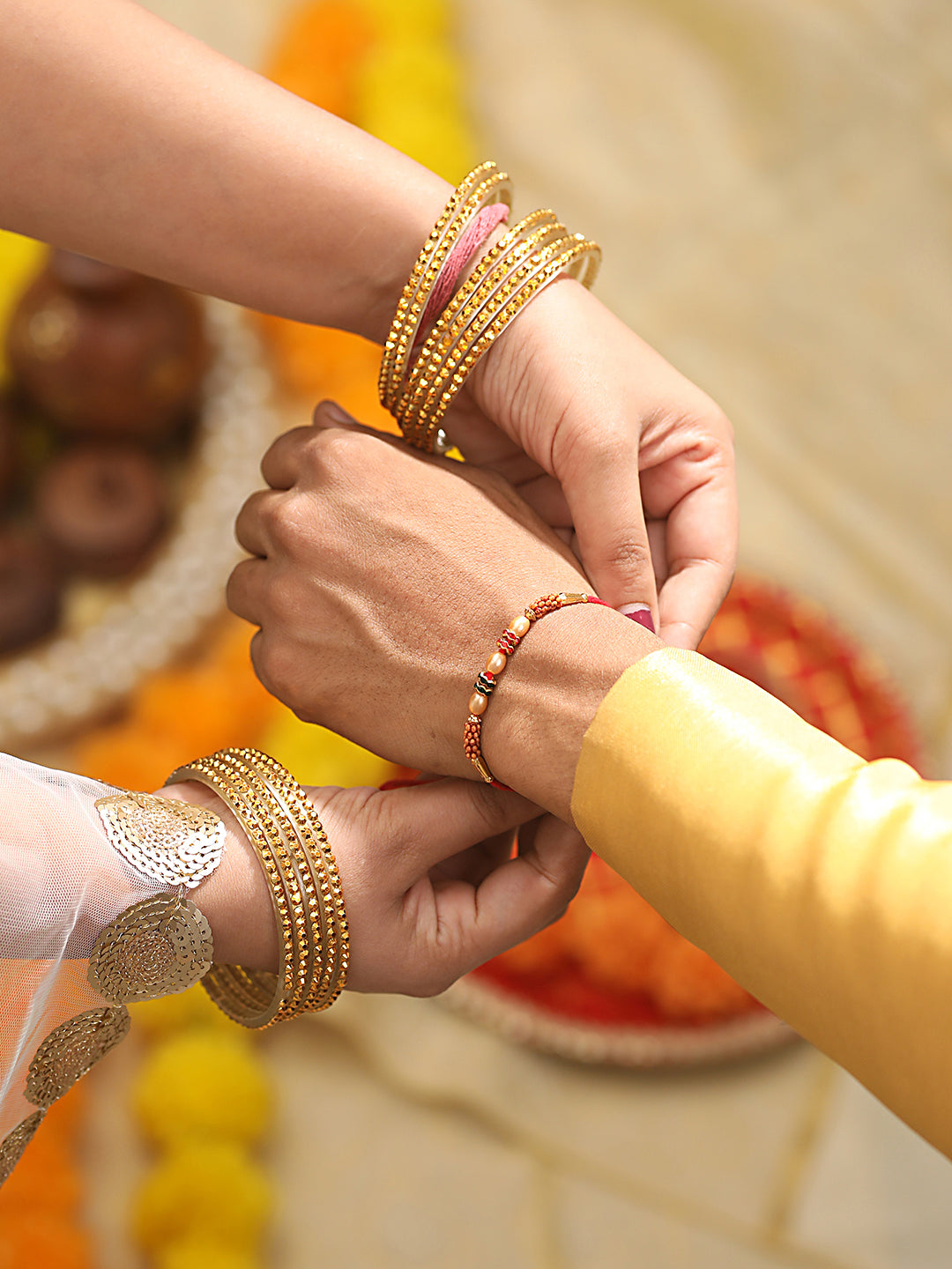 Jazz And sizzle Set Of 2 Enameled & Pearl Beaded Thread Rakhi With Roli Chawal & Rakhi Card